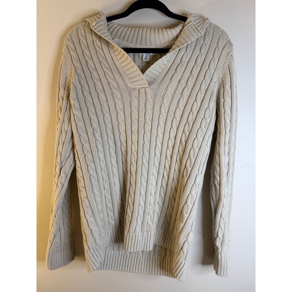 L.L.Bean Womens M Cable Knit Sweater 100% Cotton Cream Beige V Neck Fisherman